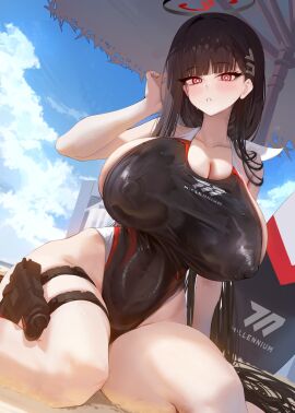 areolae_visible_through_clothing bare_arms bare_shoulders black_hair blue_archive blush breasts cleavage covered_nipples highres huge_breasts huge_thighs large_breasts large_thighs nipples_visible_through_clothing rio_(blue_archive) sitting slim_waist swimsuit thick_thighs wide_hips xiujia_yihuizi