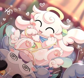 ambiguous_gender ame_kitsune angel anthro blush blush_stickers claws closed_eyes demon detailed_background devil_connection devilun digital_media_(artwork) duo female femdom genitals halo hi_res horn innie_pussy kupyadel lagomorph male pawpads pussy spiral_eyes