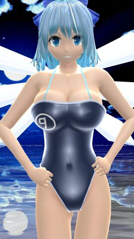 1girls 2023 3d beach belly_button blue-haired_female blue_eyes blue_ribbon blue_swimsuit breasts cirno cleavage clouds embodiment_of_scarlet_devil fairy female hati_yukkuri_mmd light-skinned_female light_skin looking_at_viewer mmd moon night night_sky short-haired_female sky smiling_at_viewer solo_female solo_focus swimsuit touhou water water_reflection wings