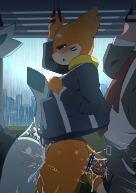 ambiguous_species anthro anthro_on_anthro anthro_penetrated anthro_penetrating anthro_penetrating_anthro ass balls balls_deep big_ass big_butt black_eyes blue_body blue_fur blue_inner_ear blush bodily_fluids bottomless bottomwear buizel business_suit censor_bar censored clothed clothing cum cum_from_ass cum_in_ass cum_inside cum_on_ass cum_on_butt cum_on_leg cum_on_penis cum_splatter cum_while_penetrated dipstick_tail eeveelution faceless_anthro faceless_character faceless_male fur gay generation_4_pokemon genital_fluids genitals glaceon grey_bottomwear grey_clothing grey_jacket grey_pants grey_topwear group group_sex interspecies jacket male male/male male_penetrated male_penetrating male_penetrating_male markings necktie nintendo open_mouth orange_body orange_fur pants penetration penis penis_through_fly pokemon pokemon_(species) poking_out raining red_necktie red_penis school_bag school_uniform sex shirt side_view suit tail tail_markings tan_body tan_fur threesome topwear train train_position umisag85rabb99 uniform vehicle white_clothing white_shirt white_topwear