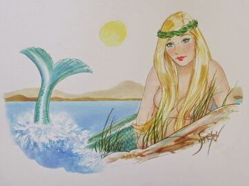 1girls blonde_hair blue_eyes doug_sneyd female female_only jpeg long_hair looking_at_viewer merfolk mermaid sun water