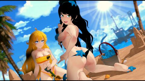 2girls beach bikini bikini_bottom bikini_top black-haired_female black_hair blake_belladonna blonde_female blonde_hair canon_couple cat_ears female long-haired_female long_hair nipple_slip rwby starfish starfish_on_nipples yang_xiao_long