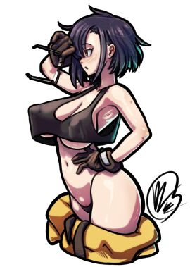 1girls arm_up armpit_peek artist_name big_breasts breasts busty cleavage clothes_pull covered_erect_nipples covered_nipples curvy female female_only from_side glasses gloves hand_on_hip hand_on_own_hip hi_res highres hotpinkevilbunny large_breasts legs midriff navel nias_carlin no_bra open_mouth ore_wa_seikan_kokka_no_akutoku_ryoushu pants pants_pull pose posing pubic_hair pubic_hair_peek purple_hair sensual sexy sexy_pose solo tank_top thighs thong tongue underboob voluptuous yellow_eyes