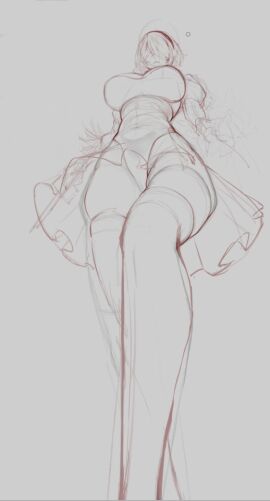 1girls big_breasts blindfold breasts female female_only giantess hairband huge_breasts kabubu_3 light-skinned_female light_skin low-angle_view macro monochrome nier nier:_automata nier_(series) short_hair sketch skirt solo thighs upskirt white_hair yorha_2b