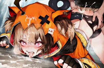 1boy animal_hood ass black_gloves black_shorts blush brown_hair cum cum_in_mouth cum_on_ass cum_on_body cum_on_clothes cum_on_hair cum_on_upper_body cumdrip doggy_style ejaculation eyebrows_visible_through_hair facial fake_tail female fingerless_gloves fucked_silly gigi_murin gloves hat heart heart-shaped_pupils hololive hololive_english hololive_english_-justice- hood hoodie mask open_mouth orange_headwear overflow pirate_hat rolling_eyes sex sex_from_behind short_hair skull_and_crossbones solo_focus straight symbol-shaped_pupils tongue tongue_out top-down_bottom-up virtual_youtuber