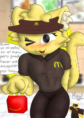 2d 2d_(artwork) 2d_artwork 4_fingers anthro cat_ears cat_girl cat_tail catgirl female female_only happy_meal maxirb mcdonald's reference_image roblox roblox_avatar robloxian self_upload spanish_text tagme tail text watermark yellow_body yellow_hair yellow_skin