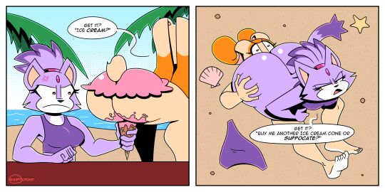 2girls aged_up anger_vein angry annoyed anthro ass ass_smothering beach big_ass bikini blaze_the_cat bubble_ass bubble_butt cream_the_rabbit dialogue fat_ass feline female female_only huge_ass ice_cream ineptoutcast lagomorph large_ass png rabbit sitting sitting_on_face sitting_on_object sitting_on_person smothering smothering_ass sonic_(series) sonic_the_hedgehog_(series) swimsuit text thick_ass thick_thighs wide_hips