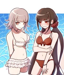 2girls bare_shoulders beauty_mark bikini blush breasts cleavage collarbone danganronpa danganronpa_2:_goodbye_despair danganronpa_s:_ultimate_summer_camp danganronpa_v3 female hair_ornament harukawa_maki highres large_breasts long_hair looking_at_viewer mole mole_on_breast multiple_females multiple_girls nanami_chiaki navel official_alternate_costume red_bikini smile swimsuit white_bikini