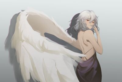 aleng backless_dress backless_outfit bare_shoulders bird_wings breasts commentary_request dress feathered_wings female female_only from_behind gradient_background grey_background grey_hair highres kishin_sagume looking_at_viewer looking_back mature_female medium_hair milf missing_wing mkt_alen purple_dress red_eyes sagume_kishin sideboob single_wing touhou white_wings wings