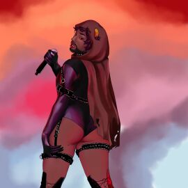 1boy alien black-haired_male black_hair clothed clothing colored_skin costume facial_hair garter_straps grey_skin homestuck homestuck_troll hood horn horns karkat_vantas male male_only megan_thee_stallion microphone short-haired_male short_hair spicyglitter1 stage troll