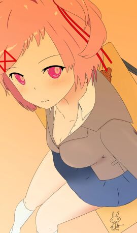 1girls blue_skirt breasts cleavage clothed clothed_female desk doki_doki_literature_club female natsuki_(doki_doki_literature_club) pink_eyes pink_hair skirt 幻舟_(pixiv_user_id_91288026)