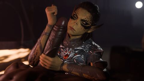 1boy 1girls 3d baldur's_gate baldur's_gate_3 big_penis comparing comparing_to_arm dark-skinned_male dark_skin derpderp female forearm_cock gith githyanki huge_cock interracial interspecies lae'zel male measuring measuring_penis melanin penis