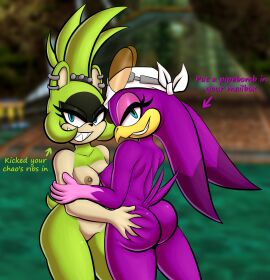 absurd_res afrosoricid anthro areola ass avian beak bird blue_eyes breasts clothing digital_media_(artwork) duo ear_piercing ear_ring english_text eyewear eyewear_on_head feathers featureless_crotch female female/female genitals hair hand_on_ass hand_on_butt headgear headwear hi_res hirundinid humor idw_publishing jakel009 looking_at_viewer looking_back mammal nipple_piercing nipples nude oscine passerine piercing ring_piercing sega smile sonic_(series) sonic_riders sonic_the_hedgehog_(comics) sonic_the_hedgehog_(idw) sonic_the_hedgehog_(series) standing sunglasses sunglasses_on_head surge_the_tenrec swallow_(bird) tail teeth tenrec text wave_the_swallow