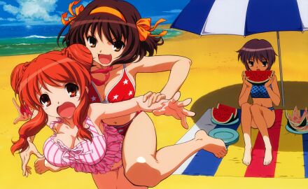 3girls absurdres arm_grab asahina_mikuru barefoot bikini breasts brown_hair eating eating_food eating_fruit eating_watermelon feet female food fruit hairband hands highres holding holding_food holding_fruit holding_object holding_watermelon large_breasts multiple_females multiple_girls nagato_yuki official_art orange_hairband plaid_bikini plaid_clothes print_bikini short_hair small_breasts star_(symbol) star_print striped_bikini striped_clothes suzumiya_haruhi suzumiya_haruhi_no_yuuutsu swimsuit takemoto_yasuhiro tears umbrella vertical-striped_bikini vertical-striped_clothes watermelon watermelon_slice you_gonna_get_raped
