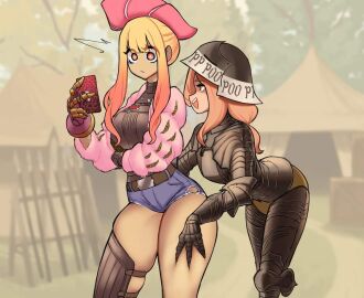 belt belt_buckle blonde_hair borrowed_character cellphone centurii-chan crossover dark_skin doublet_vest ebenholz_(ironlily) female female_knight gauntlets groping_thighs gyaru gyaru_landsknecht_(centurii-chan) harassment jean_shorts jeans knight medieval medieval_armour medieval_clothing pink_eyes pink_sweater puff_and_slash_sleeves ragged_clothing red_hair smartphone surprised_expression sweater symbol-shaped_pupils thigh_strap thighs yuri