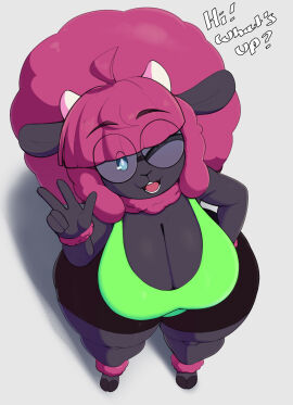 big_ass big_breasts big_thighs black_fur black_hooves blue_skirt breasts chloe_(eikasianspire) cleavage dark_fur eikasianspire ewe female female_only glasses heart high_heels horns horns_and_hooves huge_breasts huge_butt huge_hips looking_up noeticchasm one_eye_closed peace_sign puffy_hair sheep sheep_girl shorts shortstack smiling smiling_at_viewer sole_female talking_to_viewer