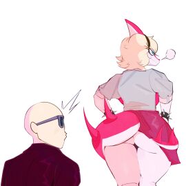 1boy 1girls anthro ass big_ass blonde_hair cavemanon_studios dinosaur elbigotez female flashing flashing_ass hi_res human_on_anthro i_wani_hug_that_gator! inco_(iwhtg) large_ass male male_human/female_anthro mia_moretti_(iwhtg) no_panties scalie upskirt