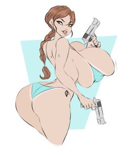 1girls ass back_boob big_ass big_breasts bikini body breasts dullvivid female female_only huge_breasts lara_croft pistol smile tomb_raider tomb_raider_remastered