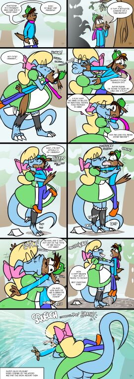 2d 2d_(artwork) alice_(jamearts) anthro arms_around_partner ass asscheeks big_lips blonde_hair blue_body blue_eyes bow bowtie brown_fur claws dialogue dog_boy dog_tail dragon dragon_girl dragon_tail drinking_spit drool excessive_saliva female flat_colors french_kiss french_kissing furry green_dress hand_on_face hat jamearts jimmy’s_sloppy_life kissing kissing_on_lips leggings lifting lifting_person lips long_tongue making_out male male/female male_victim mistletoe pink_bow saliva saliva_string saliva_trail scalie scotty_(dodobird1224) size_difference skirt sloppy_kiss sloppy_sounds snow tagme tail tongue tongue_kiss tongue_out trees victim victim_anthro victim_male