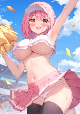1girls :d audience big_breasts black_thighhighs blush bow bow_panties breasts brown_eyes cameltoe cheerleader cheerleader_uniform confetti crop_top crop_top_overhang female female_focus female_only femsub hannari369 hi_res large_breasts looking_at_viewer medium_hair midriff miniskirt navel no_bra open_mouth original original_character outdoors paid_reward_available panties pink_hair pleated_skirt pom_poms public pussy revealing_clothes short_skirt skirt sky smile solo stadium sweat thighhighs underboob white_panties wholesome