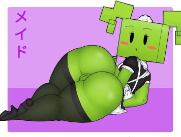 2023 :o apron ass big_butt black_clothing black_eyes black_footwear black_high_heels black_legwear black_thigh_highs blush blush_stickers border clothed clothing digital_media_(artwork) eyeshadow female female_humanoid footwear genitals golden_is_bunny green_body green_butt green_eyeshadow green_hair green_skin green_vulva hair half-closed_eyes hi_res high_heels humanoid humanoid_genitalia humanoid_vulva japanese_text legwear looking_at_viewer looking_back looking_back_at_viewer lying maid_apron maid_headdress maid_uniform makeup mario_bros mimi_(super_paper_mario) narrowed_eyes nintendo no_underwear not_furry on_side open_mouth paper_mario pink_blush purple_text pussy shaded shoes solo square_(anatomy) text thick_thighs thigh_highs twintails uniform vulva white_apron white_border white_clothing white_headdress wide_hipped_female wide_hipped_humanoid wide_hips