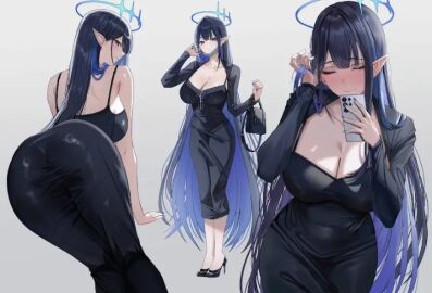 ass black_dress black_hair blue_hair blush breasts female halo large_breasts multicolored_hair multiple_views nicky_w phone rin_(blue_archive) tight_clothing