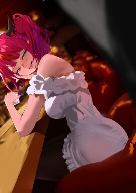 ass bare_shoulders black_horns black_pantyhose blue_eyes blurry blurry_background breasts chair cup dress female highres holding holding_cup hololive hololive_english horns indoors irys_(casualrys)_(hololive) irys_(hololive) large_breasts looking_at_viewer pantyhose pointy_ears purple_eyes purple_hair red_hair redi_(rasec_asdjh) side_ponytail sitting solo_focus table virtual_youtuber white_dress