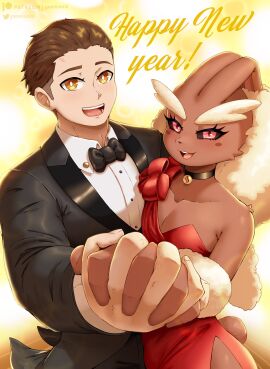 2boys amber_eyes anthro black_sclera brown_hair choker dress ethan_(gammainks) femboy gammainks gay generation_4_pokemon hand_holding happy_new_year human jayden_(gammainks) looking_at_viewer lopunny male male_lopunny male_only new_year nintendo pink_eyes pokemon pokemon_(species) red_dress smile smiling_at_viewer suit very_high_resolution