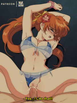 1990s_(style) 1boy armpits arms_up artist_name bikini bikini_bottom_aside blue_bikini bluethebone blush breasts brown_eyes brown_hair cg cleavage clothing_aside cum cum_in_pussy dead_or_alive english_text female female_pubic_hair flower hair_flower hair_ornament hair_ribbon kasumi_(doa) large_breasts long_hair lying male male_pubic_hair missionary navel on_back open_mouth patreon_username penis ponytail pov pubic_hair pussy retro_artstyle scrunchie see-through sex solo_focus spread_legs straight subtitled swimsuit uncensored vaginal_penetration wrist_scrunchie