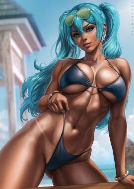 1girls absurd_res absurdres arm_support athletic athletic_female bangs bare_arms bare_shoulders bare_skin bare_thighs big_breasts bikini bikini_bottom bikini_top blue_bra blue_clothes blue_clothing blue_eyes blue_hair blue_panties blue_underwear bra brazilian brazilian_female brazilian_miku breasts busty child_bearing_hips clothed clothing dandon_fuga dark-skinned_female dark_skin female female_focus female_only fit fit_female hatsune_miku high_resolution highres hips hourglass_figure large_breasts latin_american_hatsune_miku_(meme) long_hair long_twintails looking_at_viewer meme navel outdoors outside panties slim_female slim_waist smile smile_at_viewer solo solo_female solo_focus stomach summer tan-skinned_female tan_skin thick_thighs thighs toned toned_body toned_female toned_stomach tropical tropical_setting twintails underwear vocaloid