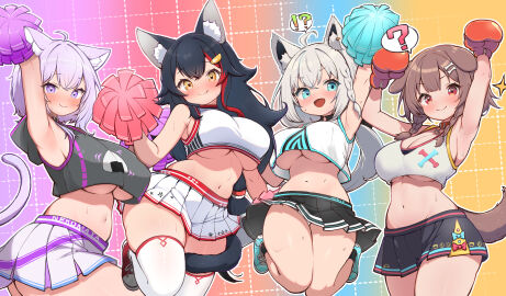 !? 4girls ? absurdres ahoge alternate_costume animal_collar animal_ear_fluff animal_ears arm_up armpits arms_up black_choker black_collar black_hair black_shirt black_skirt blue_footwear blush bone_hair_ornament boxing_gloves braid breasts brown_hair cartoon_bone cat_ears cat_girl cat_tail character_name cheering cheerleader choker cleavage closed_mouth clothes_writing collar crop_top crop_top_overhang cropped_shirt dog_ears dog_girl female fox_ears fox_girl french_braid gradient_background hair_ornament hairclip highres holding holding_pom_poms hololive hololive_gamers hololive_gen_1 hololive_japan inugami_korone jumping kani_bonara kemonomimi large_breasts long_hair looking_at_another looking_at_viewer microskirt midriff multicolored_hair multiple_females multiple_girls navel nekomata_okayu no_bra nose_blush ookami_mio open_mouth orange_eyes panties pantyshot pleated_skirt pom_pom_(cheerleading) purple_hair red_collar red_footwear red_hair shirakami_fubuki shirt shoes short_hair side_braid skindentation skirt smile sneakers sports_bra stomach streaked_hair sweat sweatdrop tail thick_thighs thighhighs thighs twin_braids underboob underwear virtual_youtuber white_hair white_panties white_shirt white_skirt white_sports_bra white_thighhighs wolf_ears wolf_girl