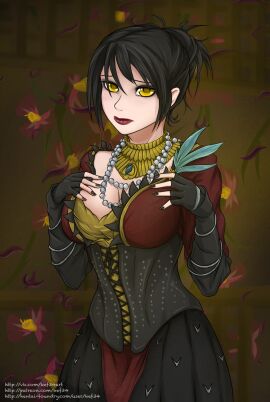 1girls 2d big_breasts black_hair breasts dragon_age dragon_age_origins dress female female_only image_set kef34 morrigan_(dragon_age) short_hair solo solo_female yellow_eyes
