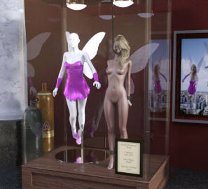 3d blonde_hair bound bound_ankles bound_wrists completely_nude fairy fairy_wings female mannequin mcrocks nude nude_female trophy_case wings