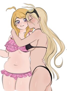 2girls akamatsu_kaede ass belly bikini blush breasts chubby danganronpa danganronpa_v3 female female/female holding_tight iruma_miu kissing lesbian sweatdrop tagme veggiemist wholesome yuri