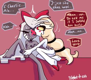 1futa 1girls angel areolae artist_name ass biting_lip black_nose blightstar blonde_hair breasts canon_couple charlie_morningstar_(hazbin_hotel) choker closed_eyes demon dialogue duo english_text erection eyepatch feet female futa_on_female futanari grey_body grey_hair hair_on_floor hairband half-closed_eyes hand_on_face hand_on_penis hand_on_waist handjob hazbin_hotel hooves huge_cock humanoid humanoid_penis intersex knees_together large_ribbon licking licking_eye long_hair missing_eye nipples one_leg_up penis red_cheeks red_eyes ribbon sitting small_breasts speech_bubble text tongue vaggie_(hazbin_hotel) vivienne_medrano white_body wholesome yellow_sclera