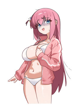 aqua_eyes bikini bocchi_the_rock! breasts collarbone commentary cropped_legs cube_hair_ornament dot_nose english_commentary female fried_bocky furrowed_brow gotou_hitori hair_between_eyes hair_ornament highres jacket large_breasts long_hair long_sleeves messy_hair navel nervous one_side_up open_clothes open_jacket open_mouth pink_hair pink_jacket shaded_face simple_background sleeves_past_wrists smile solo stomach sweat swimsuit thighs track_jacket white_background white_bikini