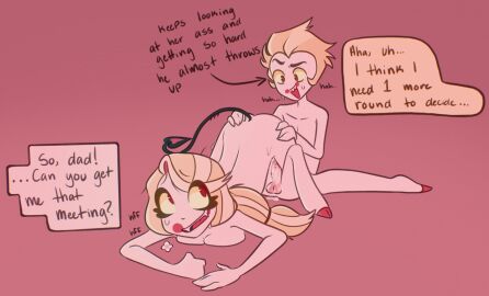 1boy 1girls blonde_hair catholic charlie_morningstar_(hazbin_hotel) charmingbeep christianity cum cum_drip cum_in_pussy cum_inside cumming demon demon_girl father_and_daughter female gullible hazbin_hotel implied_incest incest lucifer_morningstar_(hazbin_hotel) male male/female mythology panting parent_and_child public_domain pussy sweat sweatdrop
