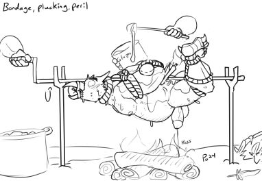 1boy absurd_res avian bird bluebird bodily_fluids bondage bound cooking cooking_with_furs cum eastern_bluebird fire gag gagged gay gay_male genital_fluids genitals hi_res imminent_death imminent_vore male male_focus neptune_mereaux oscine passerine penis peril plaguedobsession plucked potheplatypus questionable_consent roasting roasting_spit thrush_(bird) yaoi