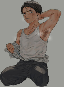 arm_up armpit armpit_fetish armpit_hair black_hair blush breath embarrassed fully_clothed gegege_no_kitarou kitarou_tanjou_gegege_no_nazo looking_at_viewer male male_only mizuki_(gegege_no_kitarou) sabuko_(pooooo) sitting solo steam sweat tank_top toned toned_male undershirt undressing