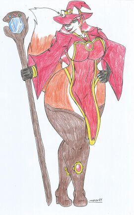 amulet anthro big_breasts big_hips black_fur blue_eyes bracelets breasts cosplay earrings female fox_girl fox_humanoid furry ginger_female hand_on_hip high_heel_boots jewelry lipstick long_boots long_hair looking_at_viewer magical_staff marlon64 orange_body orange_fur red_hair ring smiling_at_viewer solo_female traditional_drawing_(artwork) vix_feucer_(waifuland) waifuland white_background white_fur witch wizard wizard_hat wizard_robe wizard_staff