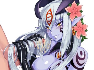 1boy alipheese_fateburn_xvi balls black_gloves black_shirt blush bmp-to-png_conversion breast_tattoo breasts censored cleavage cleavage_cutout clothed_female_nude_male clothing_cutout colored_skin cum cum_on_hair earrings elbow_gloves erection eye_tattoo facial_tattoo female flower full_body game_cg gloves grin hair_between_eyes hair_flower hair_ornament hair_tattoo hairjob halter_shirt halterneck handjob horns jewelry kenkou_cross large_breasts long_hair looking_at_another luka_(mon-musu_quest!) male mon-musu_quest! monster_girl mosaic_censoring non-web_source nude penis plant pointy_ears purple_skin shirt shoulder_tattoo simple_background single_earring slit_pupils smile solo_focus straight sweat tattoo testicles transparent_background two-handed_handjob upper_body very_long_hair vines white_hair yellow_eyes