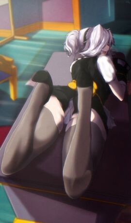 1girls alternate_costume brawl_stars colette_(brawl_stars) feet female foot_fetish kifo kifonety laying_on_stomach low_res lowres maid maid_headdress maid_uniform panties pantyhose ponytail woman