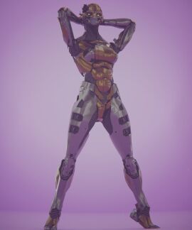 3d 3d_model 3d_render bravozerosix destiny_(game) destiny_(video_game) destiny_2 exo exo_(destiny) exogold24 female gold-24 gold-24_(exogold24) gold_body green_eyes grey_body guardian_(destiny) hands_behind_head multicolored_body pink_background robot robot_girl standing tagme titan_(destiny) yellow_body
