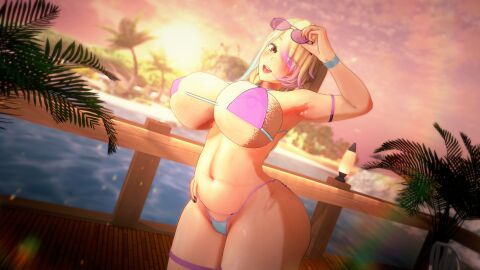 3d 3d_model beach big_breasts bikini blonde_hair breasts cephelonwizuki colorful_hair eyewear_on_head female gyaru gyaru_gal highlights_(coloring) koikatsu original original_character pristina_suratsu render shades solo_female solo_focus spidey-dude sunglasses voluptuous voluptuous_female