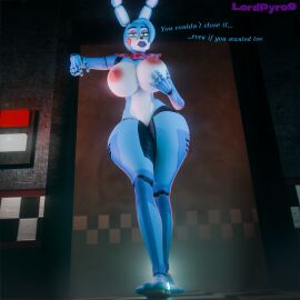 3d animatronic anthro areola big_breasts blue_body bow_ribbon breasts dialogue female five_nights_at_freddy's five_nights_at_freddy's_2 genitals green_eyes inside lagomorph leporid low-angle_view lpyro9 machine mammal nipples nude pussy rabbit robot scottgames solo thick_thighs toy_bonnie_(fnaf) toy_bonnie_(psychojohn2)