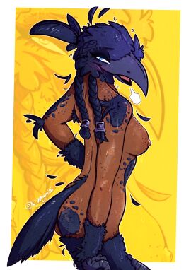 absurd_res anthro avian beak bird black_body black_feathers black_fur black_skin blue_eyes blush bodily_fluids braided_hair breasts breathing cinnymini corvid corvus_(genus) crow european_mythology feathers female fur glistening glistening_body greek_mythology hair harpy hi_res humanoid invalid_tag looking_at_viewer mythological_avian mythological_creature mythology original_character oscine passerine raven smell solo solo_focus sweat tail tail_feathers
