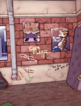 alley anthro areola background_shot bodily_fluids breasts brick_wall clothing collar cougar cum cum_on_face felid feline female footwear genital_fluids genitals graffiti hi_res high_heels legwear luraiokun mammal mattress pantherine poster pussy shoes spiked_collar spikes text thigh_highs wall_(structure)