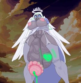 1futa angel angel_wings ass balls big_ass big_balls big_breasts big_butt blue_eyes breasts commission emily_(hazbin_hotel) futa_only futanari gigantic_penis green_cum hazbin_hotel huge_cock intersex penis puddin_playhouse solo taker_pov tattoo tutacamon27 white_hair