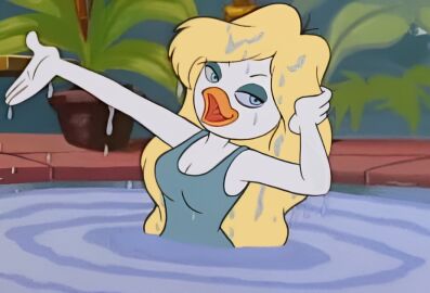 bird blonde_hair blue_eyes breasts chicken ducktales_(1987) female flirty flirty_eyes gandra_dee non-mammal_breasts one-piece_swimsuit open_mouth smile swimming swimsuit water wet