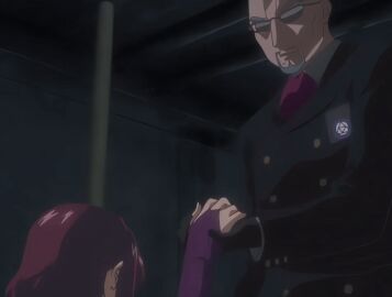 00s 1boy 1girls 2007 animated anime_screenshot arm_around_waist bald bare_shoulders bible_black bible_black_new_testament breasts catching cleavage facial_hair female formal_clothes goatee helping holding holding_hands large_breasts lipstick long_sleeves makeup male_focus mature_female monk nun purple_eyes red_hair religious revealing_clothes shin_bible_black short_hair suit sunglasses tagme takashiro_hiroko tight_clothes wide_hips yuge_toru